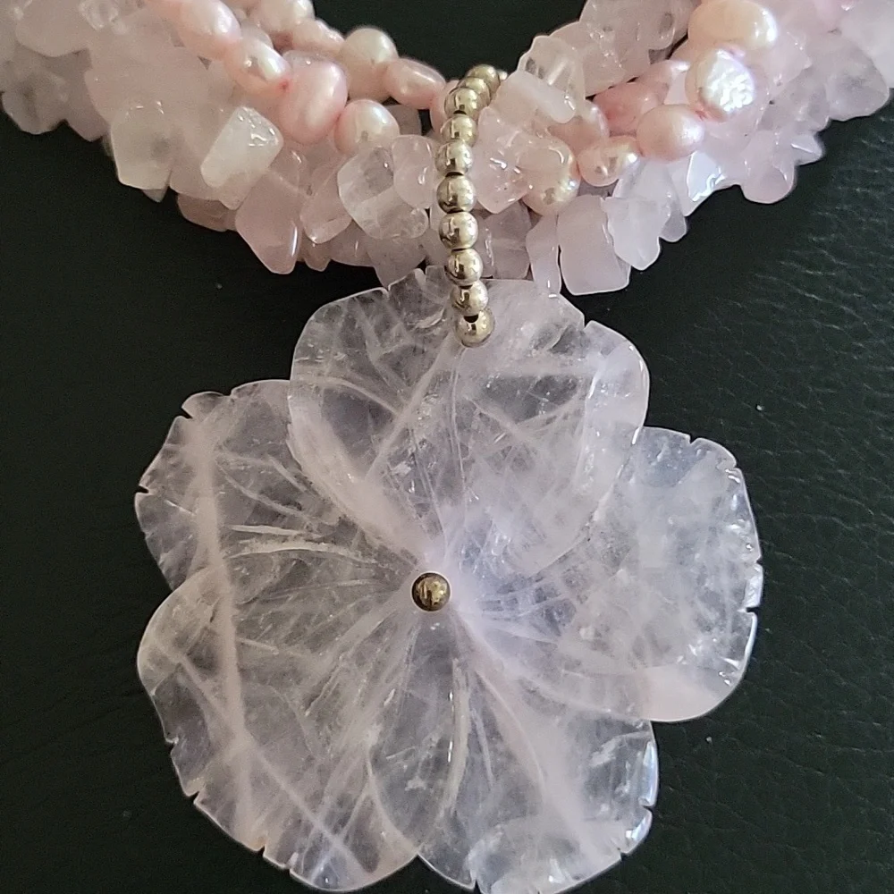 Vintage 5-Strand Rose Quartz and Freshwater Pearl Necklace w/Silver Clasp - Picture 3 of 3